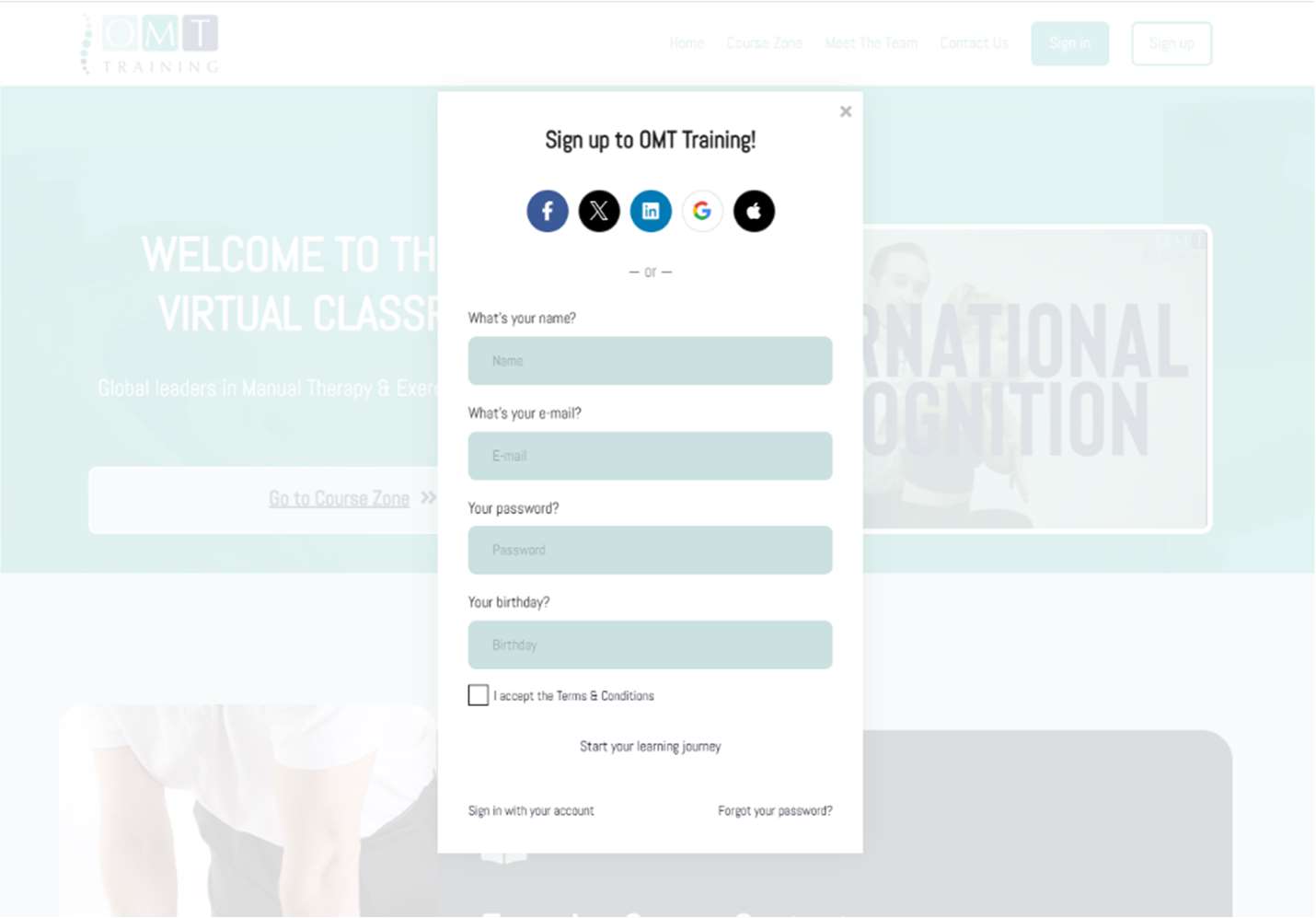 OMT Online Sign Up screen, showing how new students create an account