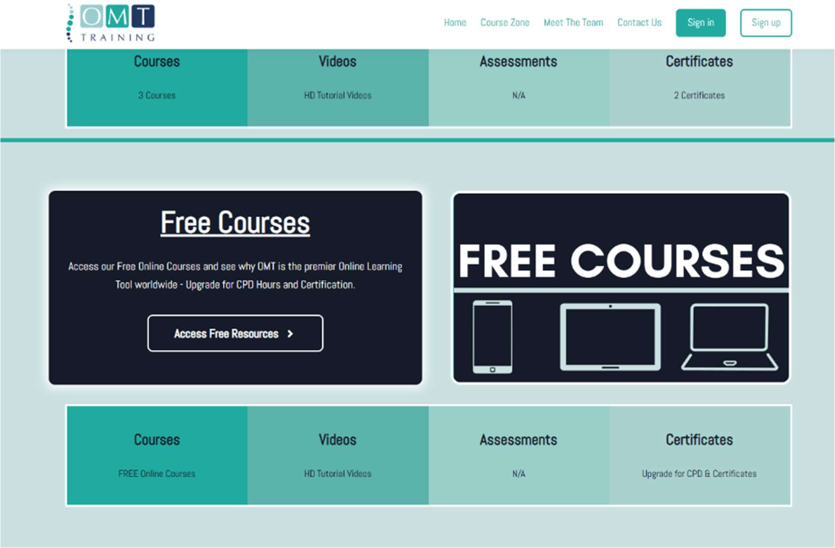 OMT Training online learning Free Courses Zone showing where students can find the free course area